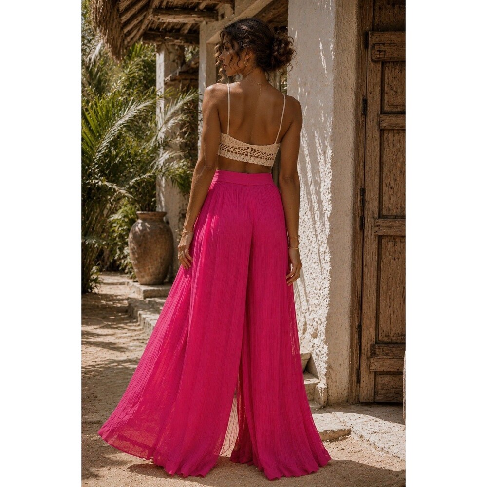 Women’s Hot Pink Pleated Wide Leg Wrap Palazzo Pants Boho Resort L - Picture 7 of 16